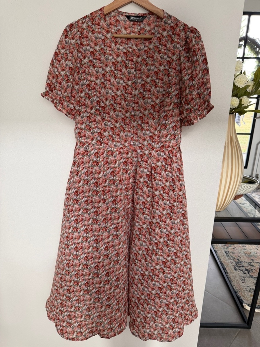 Allegra K Floral Midi Dress in Red and Cream